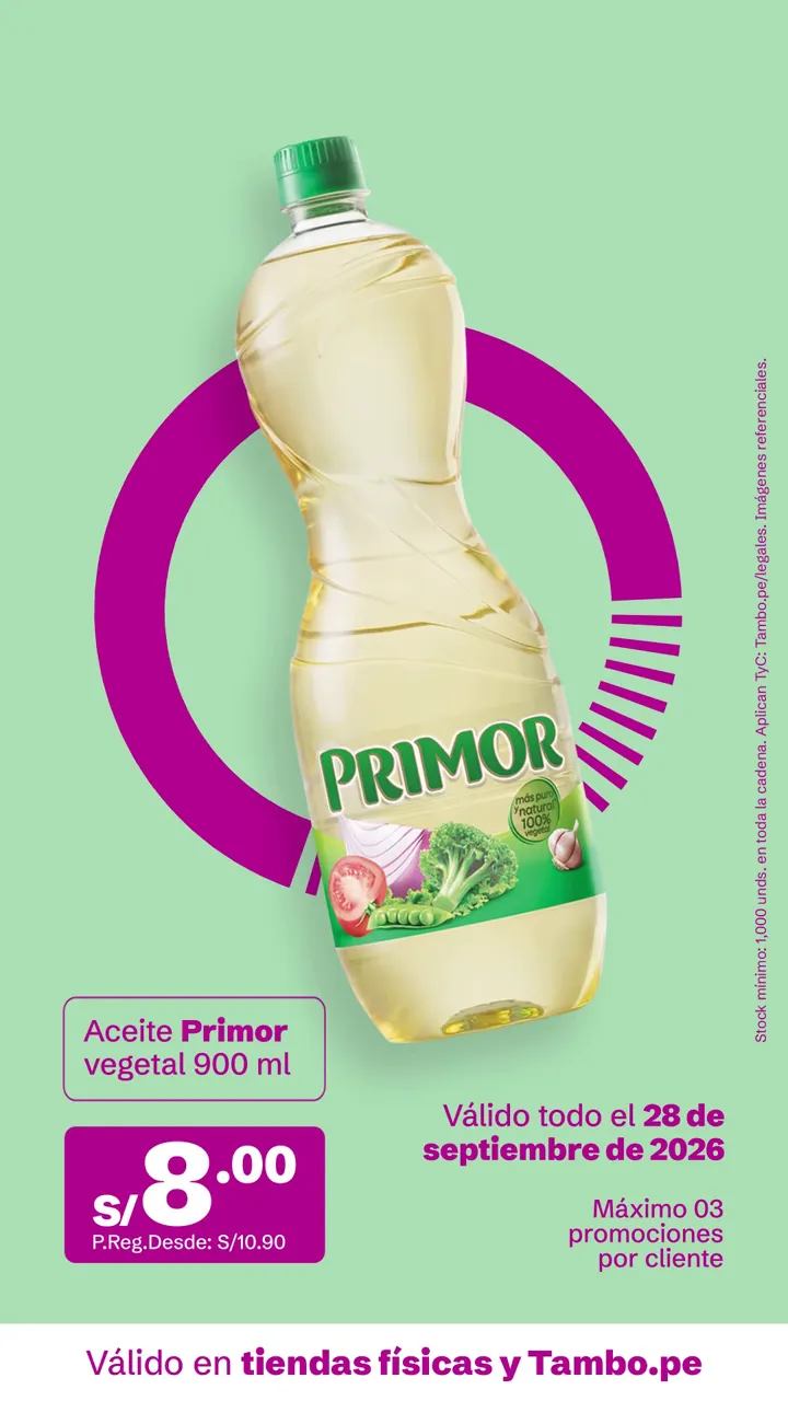 Tarjeta de Tambo: Aceite Primor vegetal 900 ml, S/ 8.00