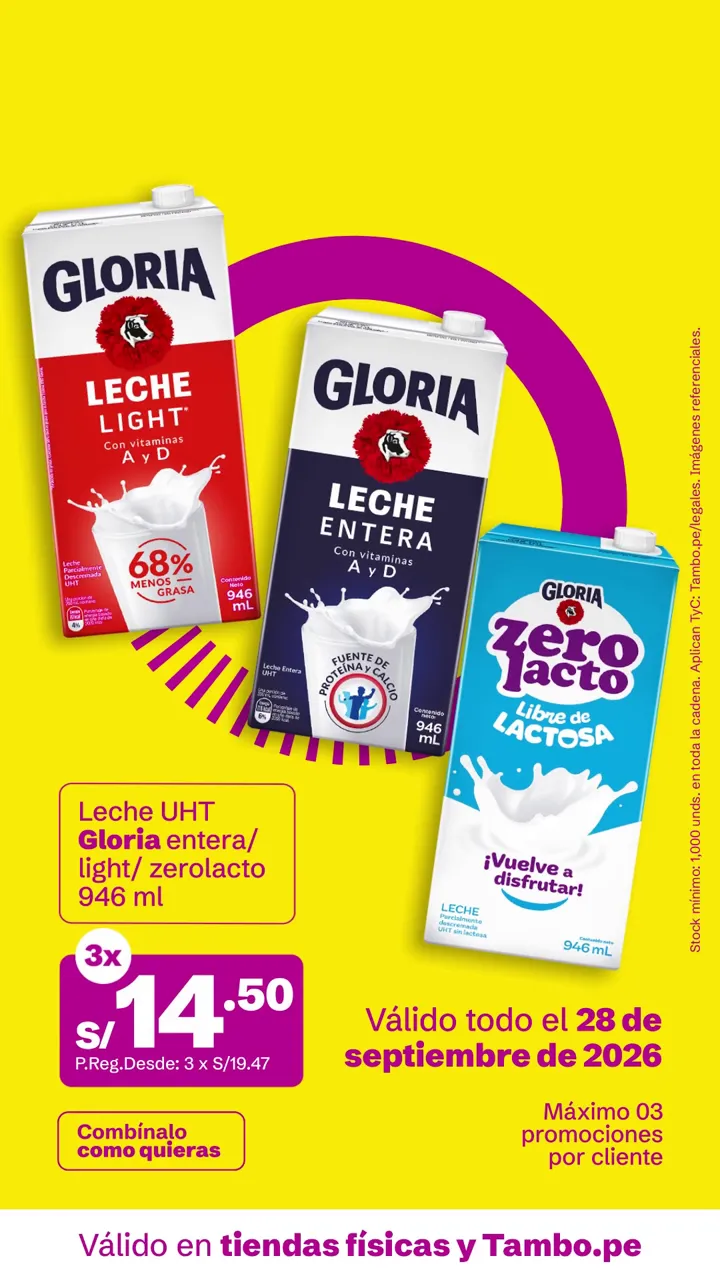 Tarjeta de Tambo: Leche UHT Gloria entera/light/ zerolacto 946 ml, 3x S/ 14.50