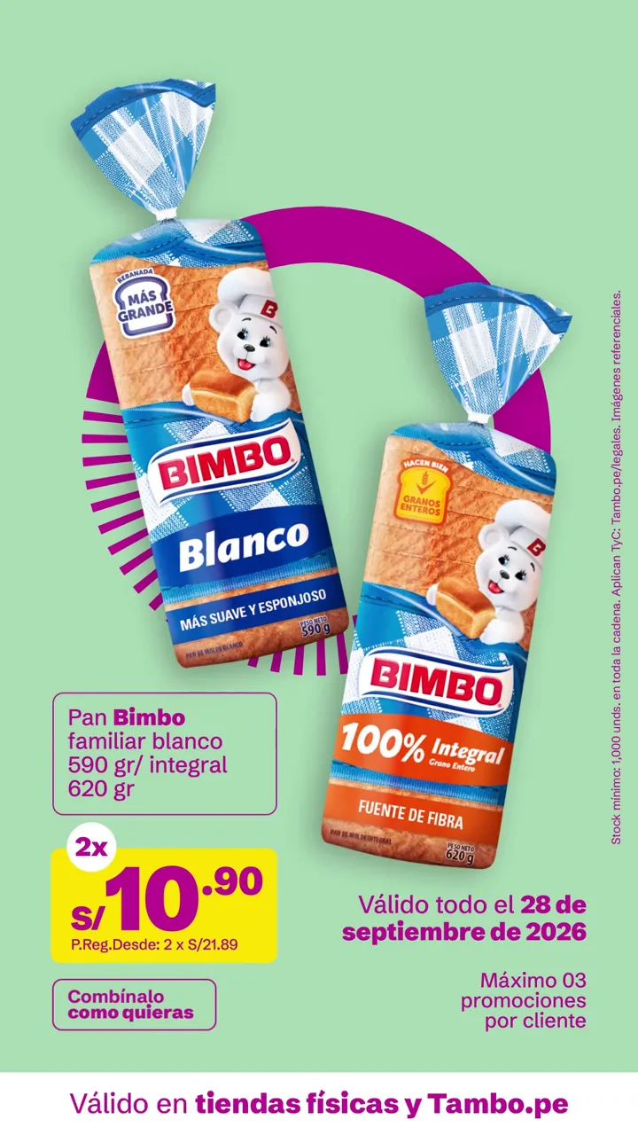 Tarjeta de Tambo: Pan Bimbo familiar blanco 590 g/ integral 620 g, 2x S/ 10.90