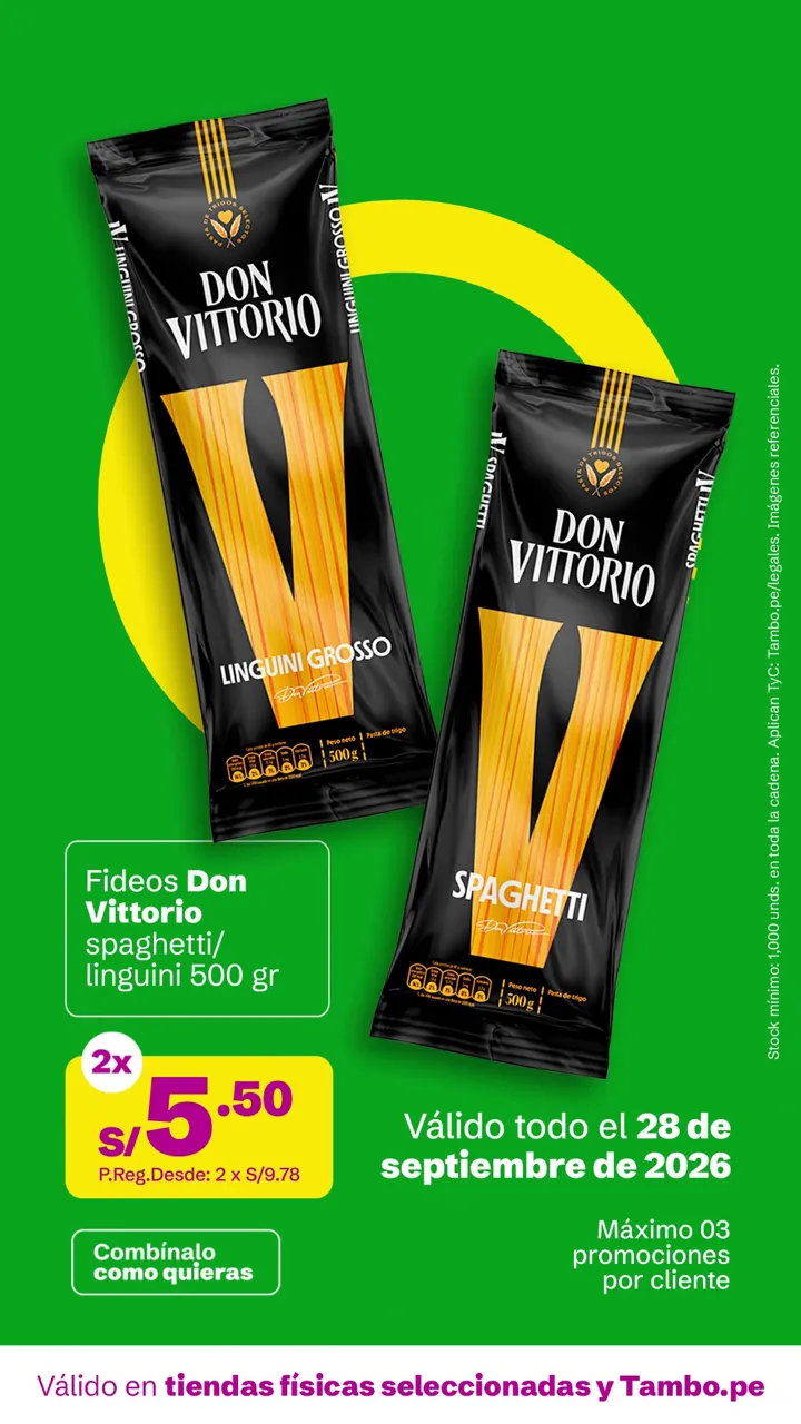 Tarjeta de Tambo: Fideos Don Vittorio spaghetti/linguini 500 g, 2x S/ 5.50