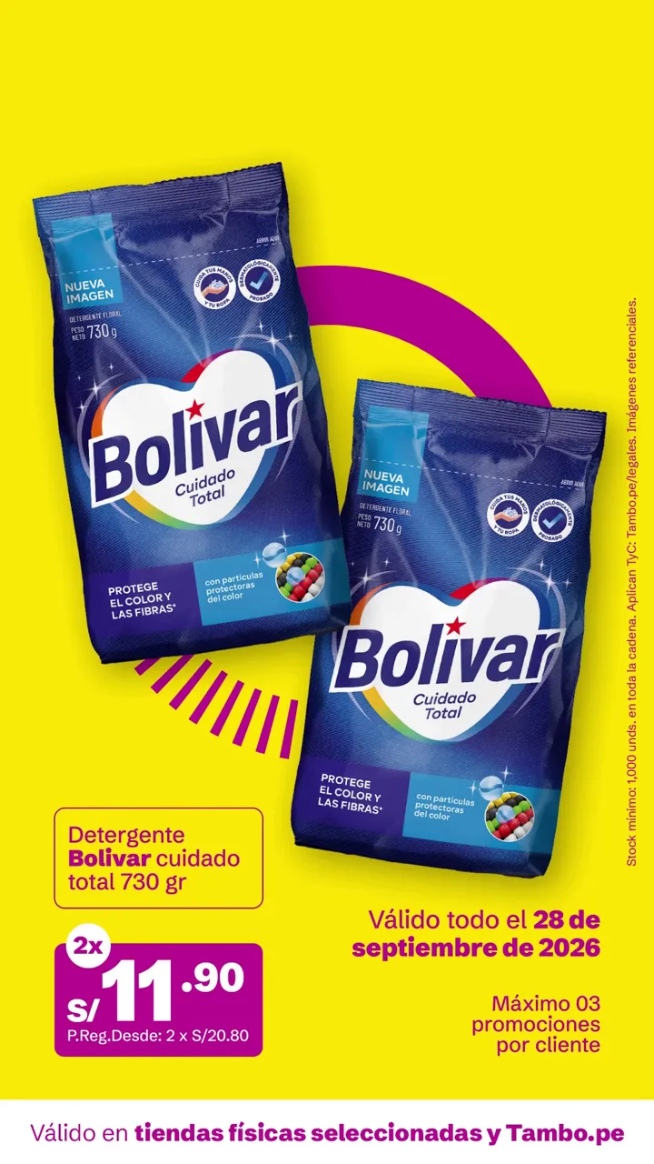 Tarjeta de Tambo: Detergente Bolivar cuidado total 730 g, 2x S/ 11.90