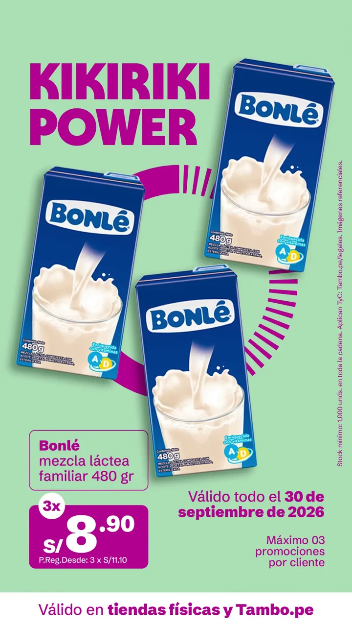 Tarjeta de Tambo: Bonlé mezcla láctea familiar 480 g, 3x S/ 8.90