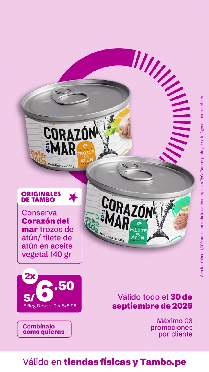 Tarjeta de Tambo: Conserva Corazón del mar trozos de atún/ filete de atún en aceite vegetal 140 g, 2x S/ 6.50