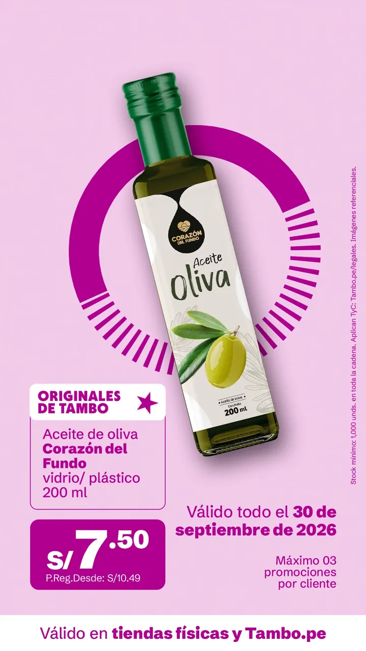 Tarjeta de Tambo: Aceite de oliva Corazón del Fondo vidrio/ plástico 200 ml, S/ 7.50
