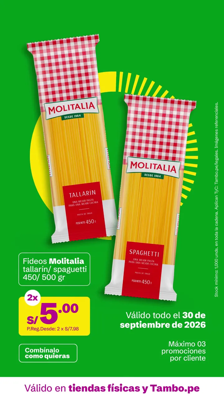 Tarjeta de Tambo: Fideos Molitalia tallarín/ spagueti 450/ 500 g, 2x S/ 5.00