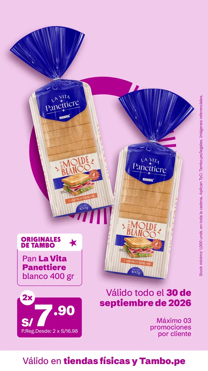 Tarjeta de Tambo: Pan La Vita Panettiere blanco 400 g, 2x S/ 7.90