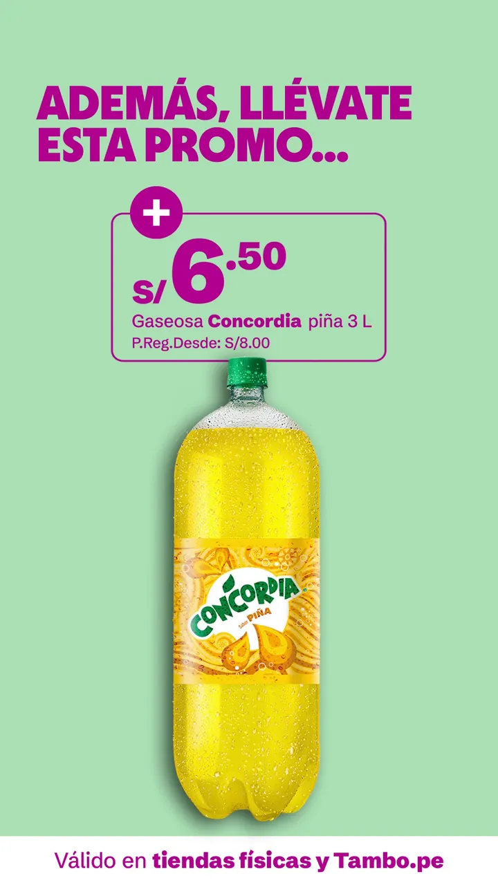 Tarjeta de Tambo: Gaseosa Concordia piña 3 L, + S/ 6.50