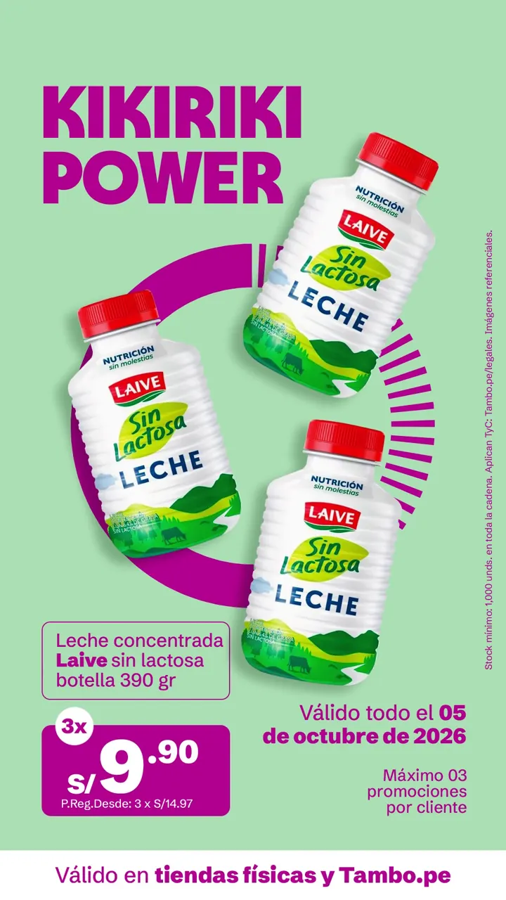 Tarjeta de Tambo: Leche concentrada Laive sin lactosa botella 390 g, 3x S/ 9.90