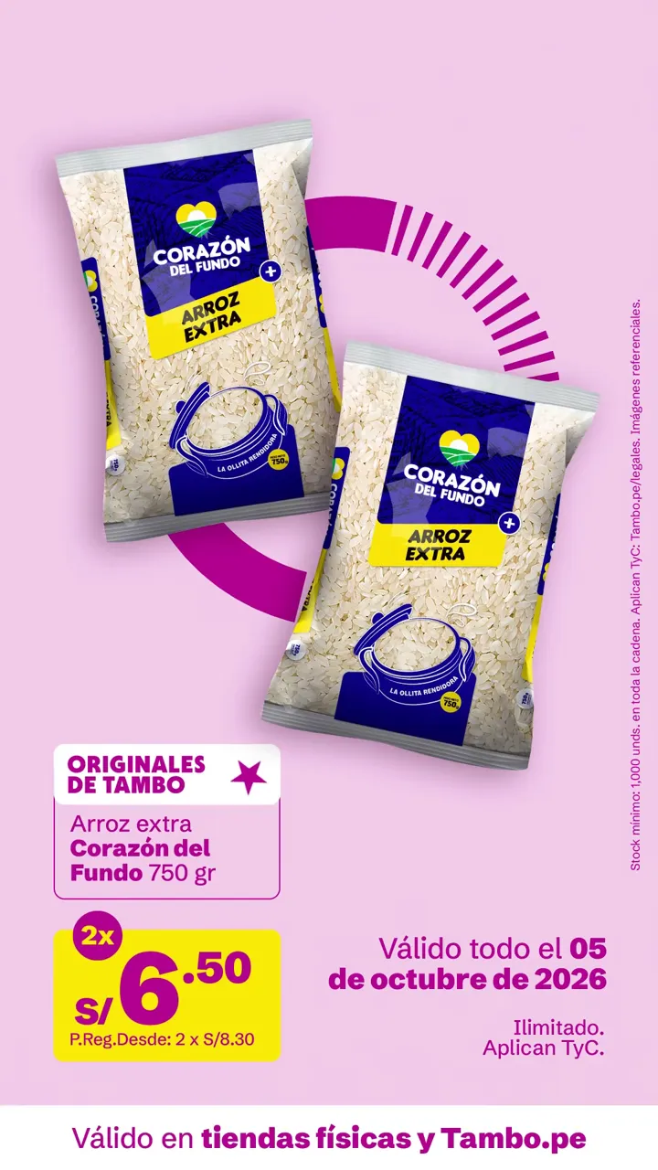 Tarjeta de Tambo: Arroz extra Corazón del Fundo 750 g, 2x S/ 6.50