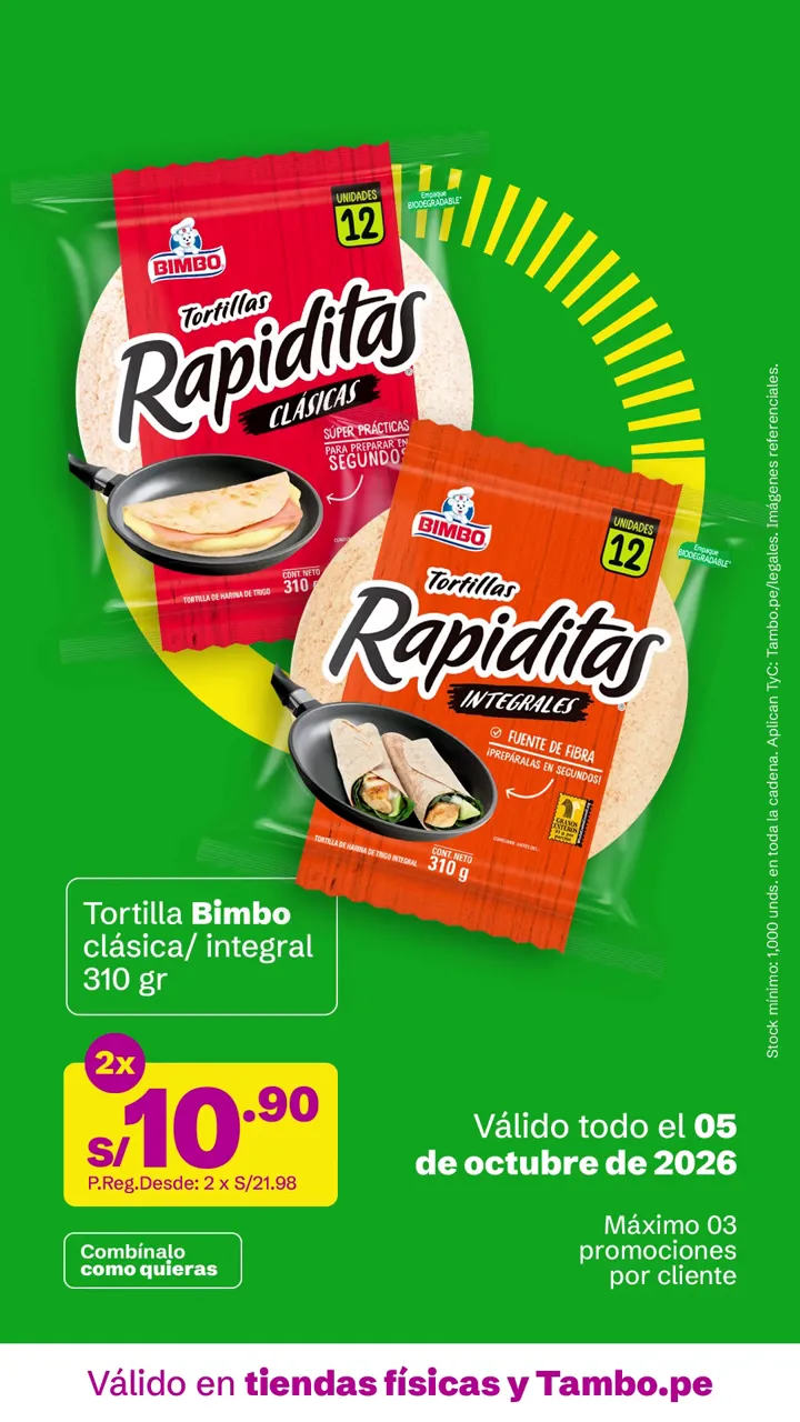 Tarjeta de Tambo: Tortilla Bimbo clásica/ integral 310 g, 2x S/ 10.90
