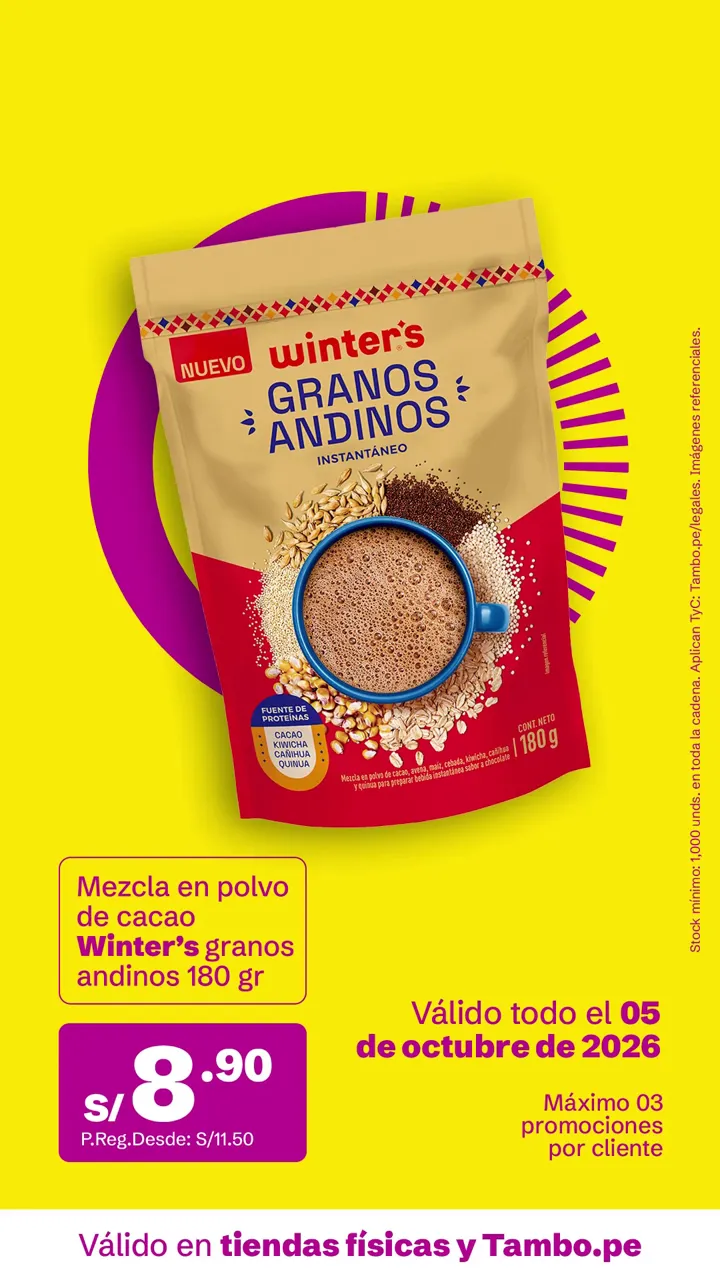 Tarjeta de Tambo: Mezcla en polvo de cacao Winter's granos andinos 180 g, S/ 8.90