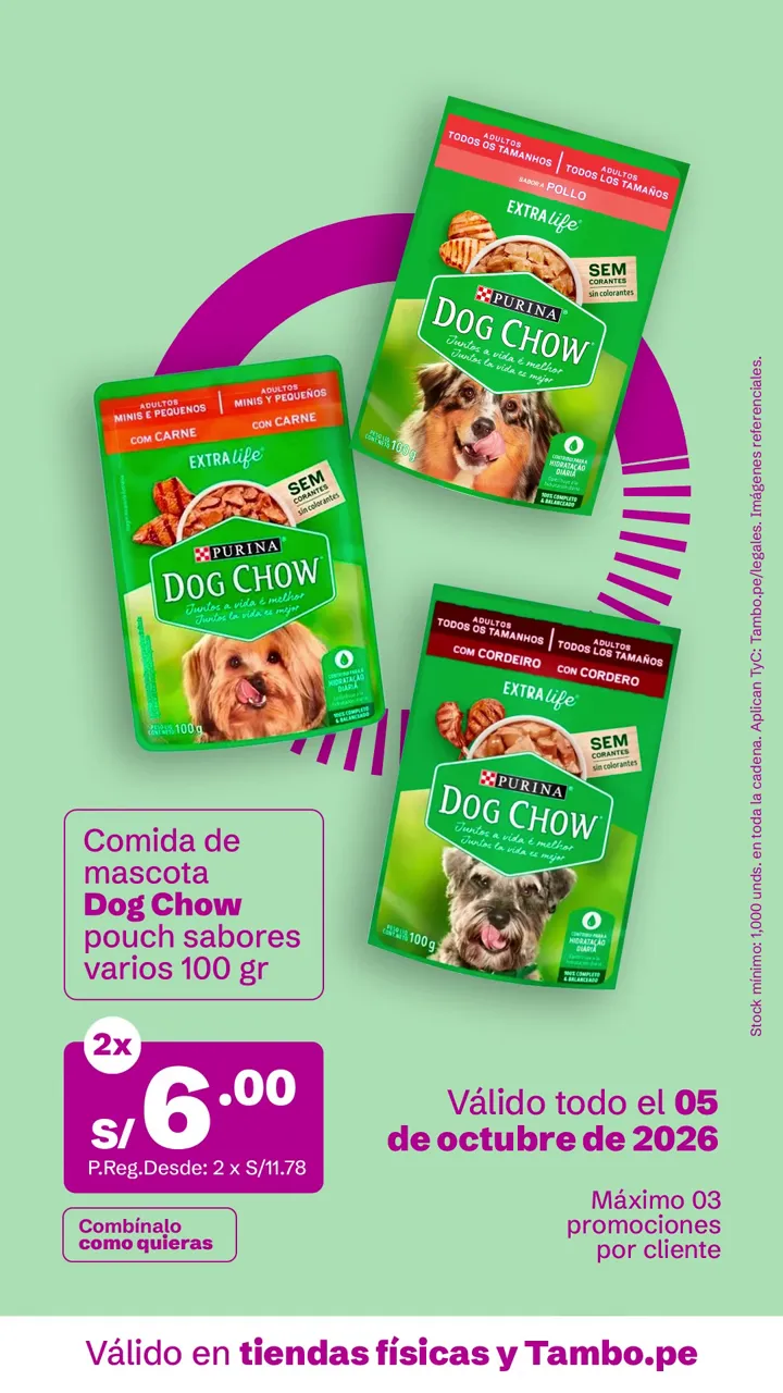 Tarjeta de Tambo: Comida de mascota Dog Chow pouch sabores varios 100 g, 2x S/ 6.00