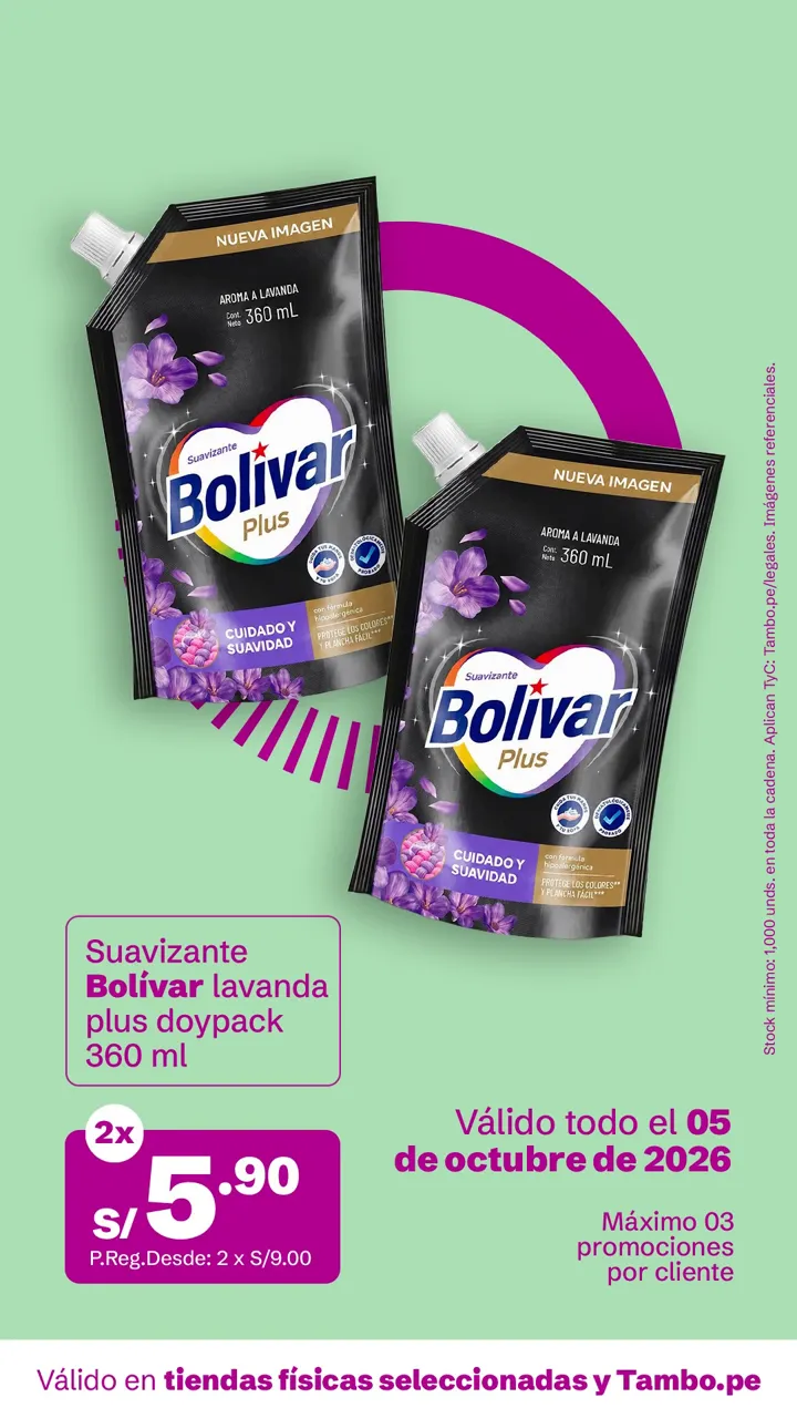 Tarjeta de Tambo: Suavizante Bolívar lavanda plus doypack 360 ml, 2x S/ 5.90