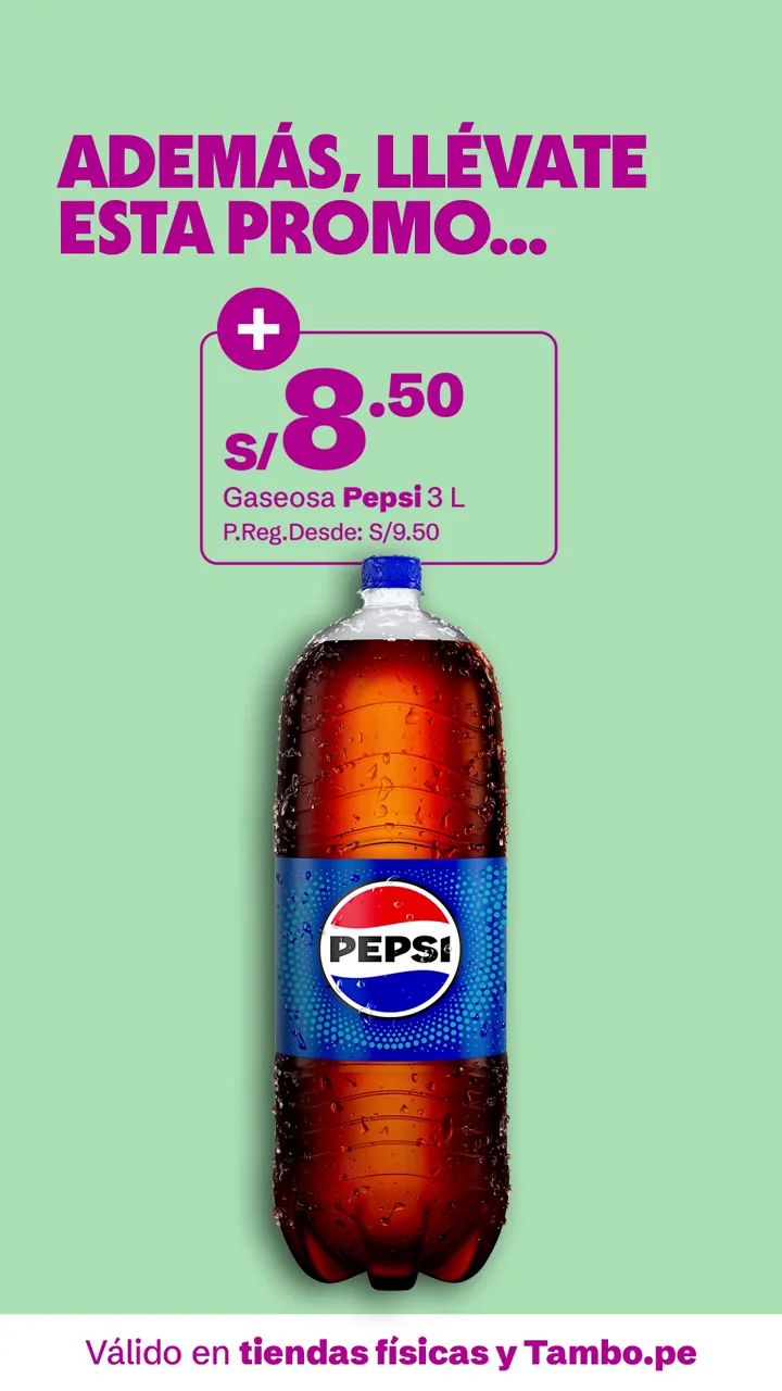 Tarjeta de Tambo: Gaseosa Pepsi 3 L, + S/ 8.50