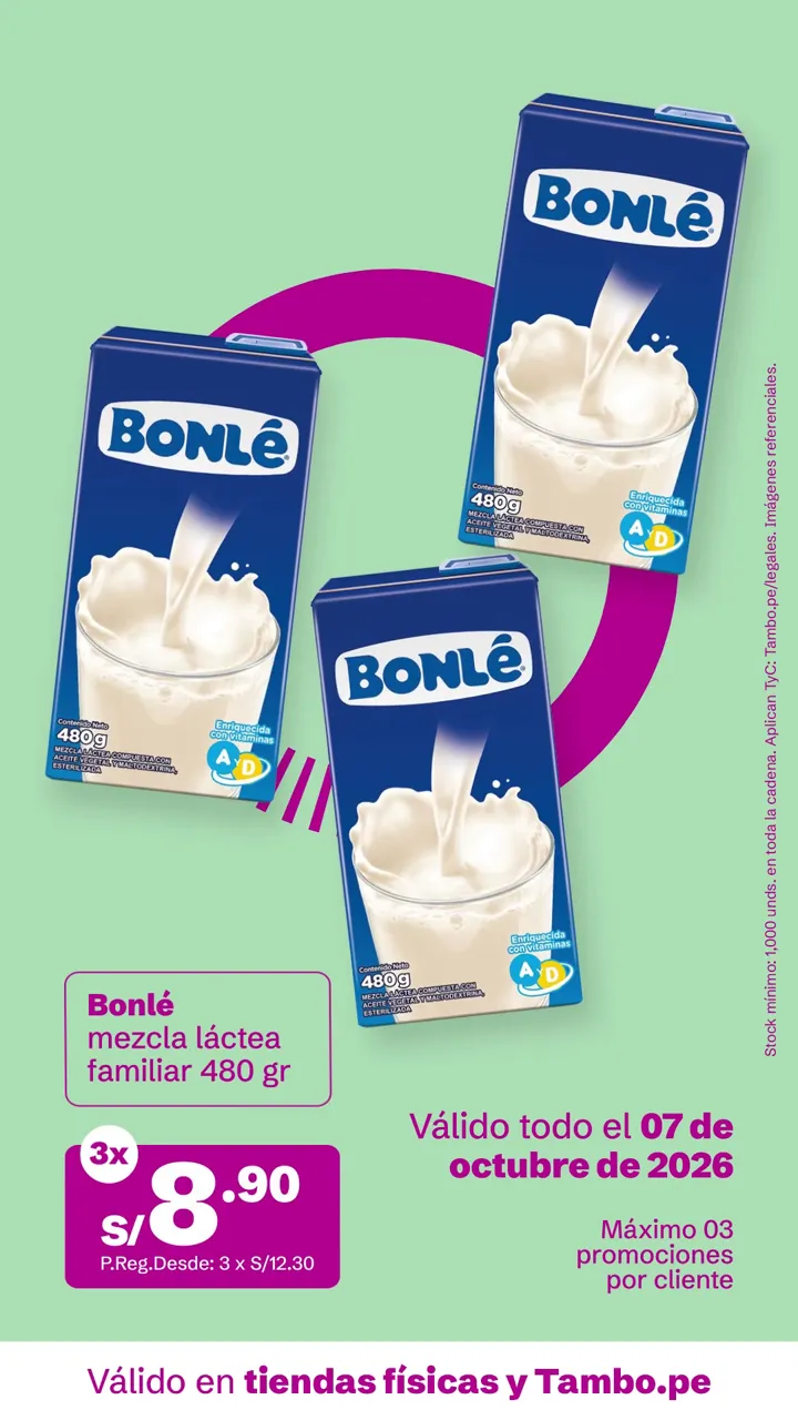 Tarjeta de Tambo: Bonlé mezcla láctea familiar 480 g, 3x S/ 8.90