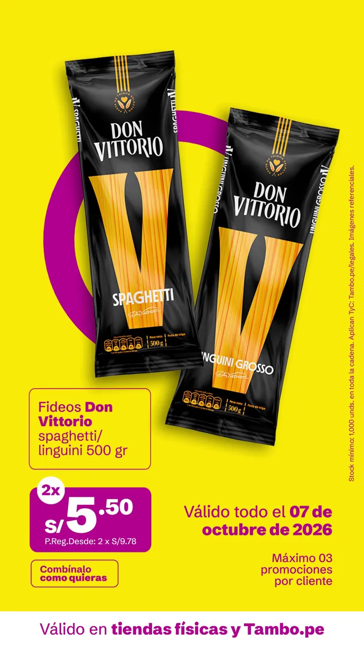 Tarjeta de Tambo: Fideos Don Vittorio spaghetti/linguini 500 g, 2x S/ 5.50
