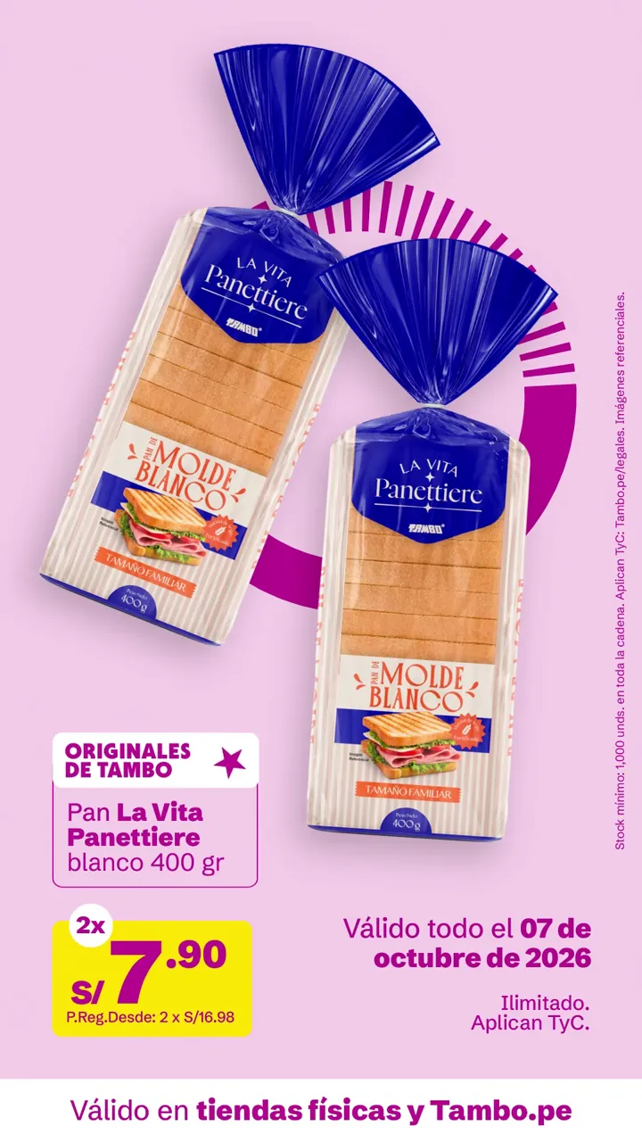Tarjeta de Tambo: Pan La Vita Panettiere blanco 400 g, 2x S/ 7.90