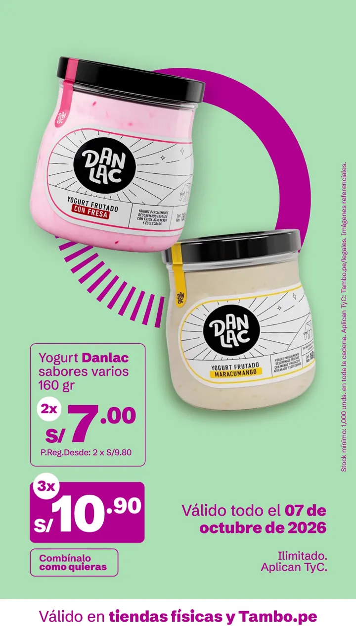 Tarjeta de Tambo: Yogurt Danlac sabores varios 160 g, 2x S/ 7.00