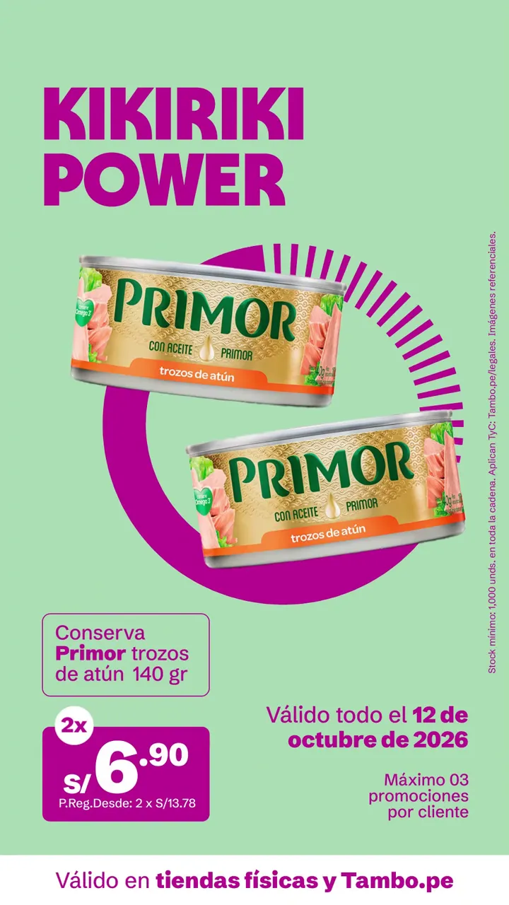 Tarjeta de Tambo: Conserva Primor trozos de atún 140 g, 2x S/ 6.90
