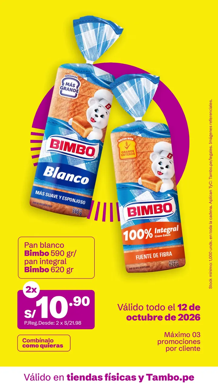 Tarjeta de Tambo: Pan blanco Bimbo 590 g/ pan integral Bimbo 620 g, 2x S/ 10.90