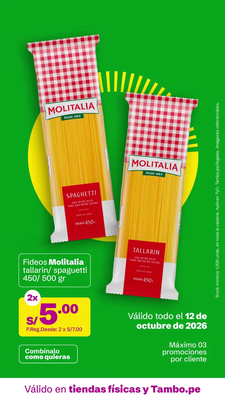 Tarjeta de Tambo: Fideos Molitalia tallarin/ spagueti 450/ 500 g, 2x S/ 5.00