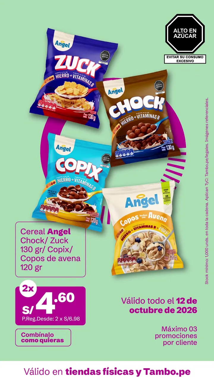 Tarjeta de Tambo: Cereal Angel Chock/ Zuck 130 g/ Copix/ Copos de avena 120 g, 2x S/ 4.60