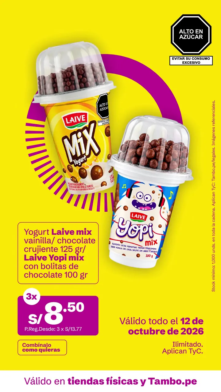 Tarjeta de Tambo: Yogurt Laive mix vainilla/ chocolate crujiente 125 g / Laive Yopi mix con bolitas de chocolate 100 g, 3x S/ 8.50