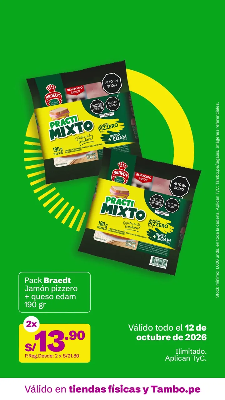 Tarjeta de Tambo: Pack Braedt Jamón pizero + queso edam 190 g, 2x S/ 13.90