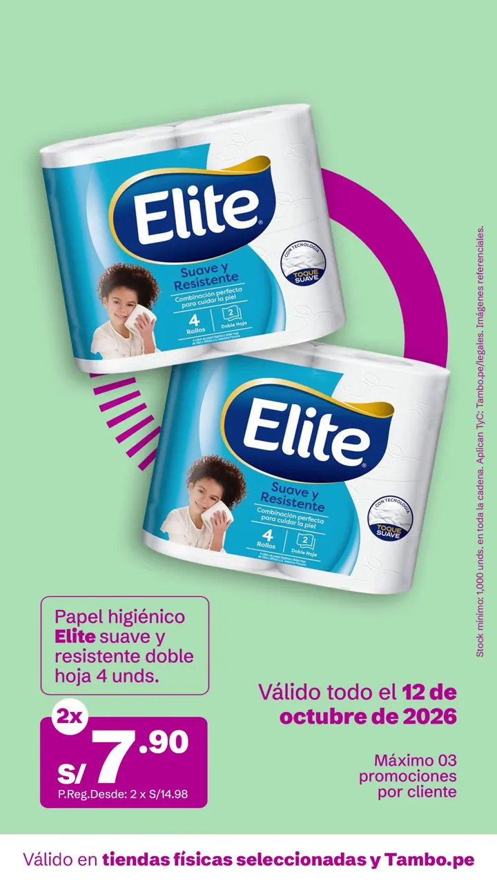 Tarjeta de Tambo: Papel higiénico Elite suave y resistente doble hoja 4 unds., 2x S/ 7.90