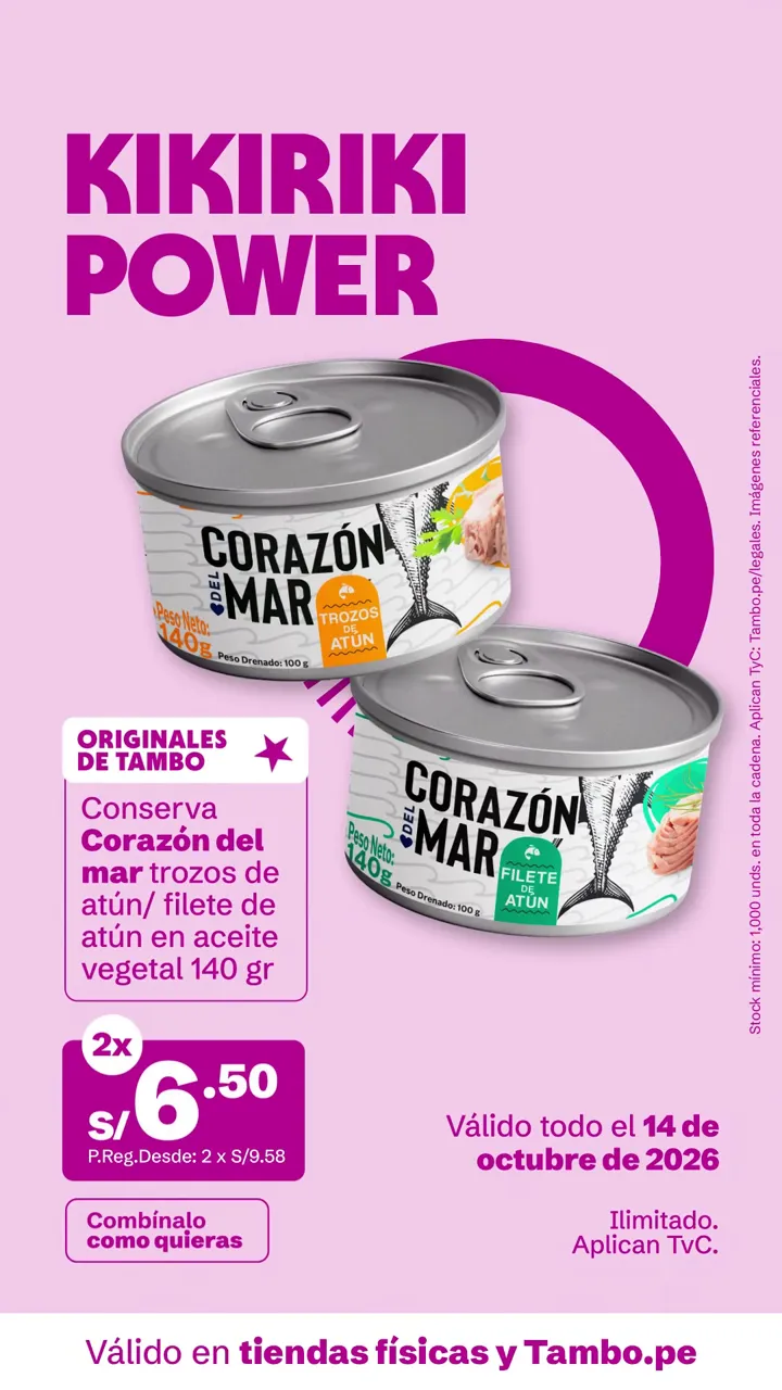 Tarjeta de Tambo: Conserva Corazón del mar trozos de atún/ filete de atún en aceite vegetal 140 g, 2x S/ 6.50
