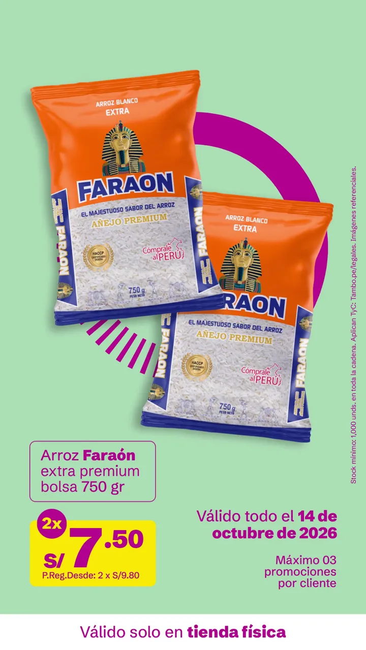 Tarjeta de Tambo: Arroz Faraón extra premium bolsa 750 g, 2x S/ 7.50