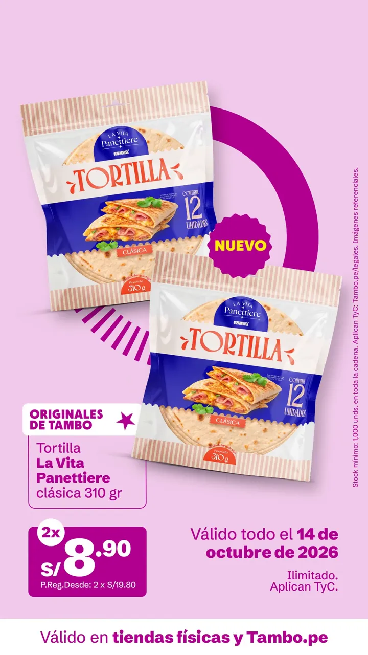 Tarjeta de Tambo: Tortilla La Vita Panettiere clásica 310 g, 2x S/ 8.90