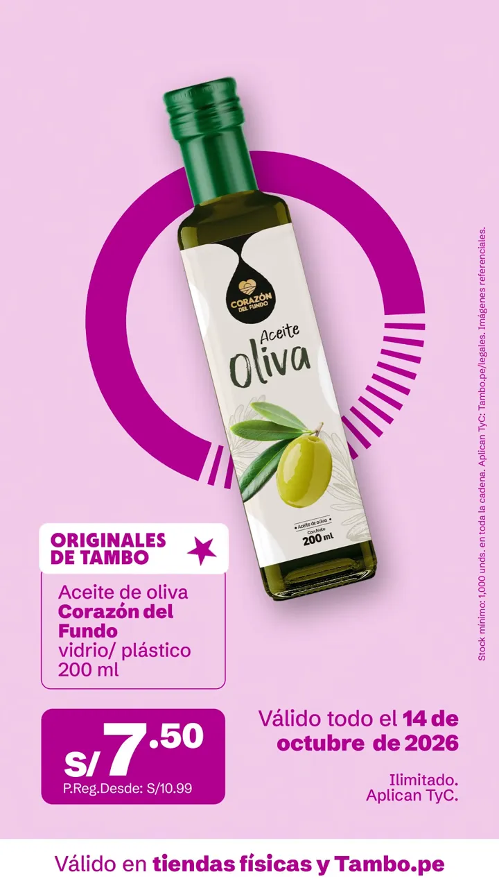 Tarjeta de Tambo: Aceite de oliva Corazón del Fondo vidrio/ plástico 200 ml, S/ 7.50