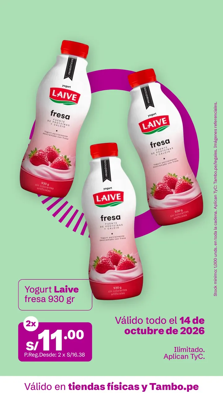 Tarjeta de Tambo: Yogurt Laive fresa 930 g, 2x S/ 11.00