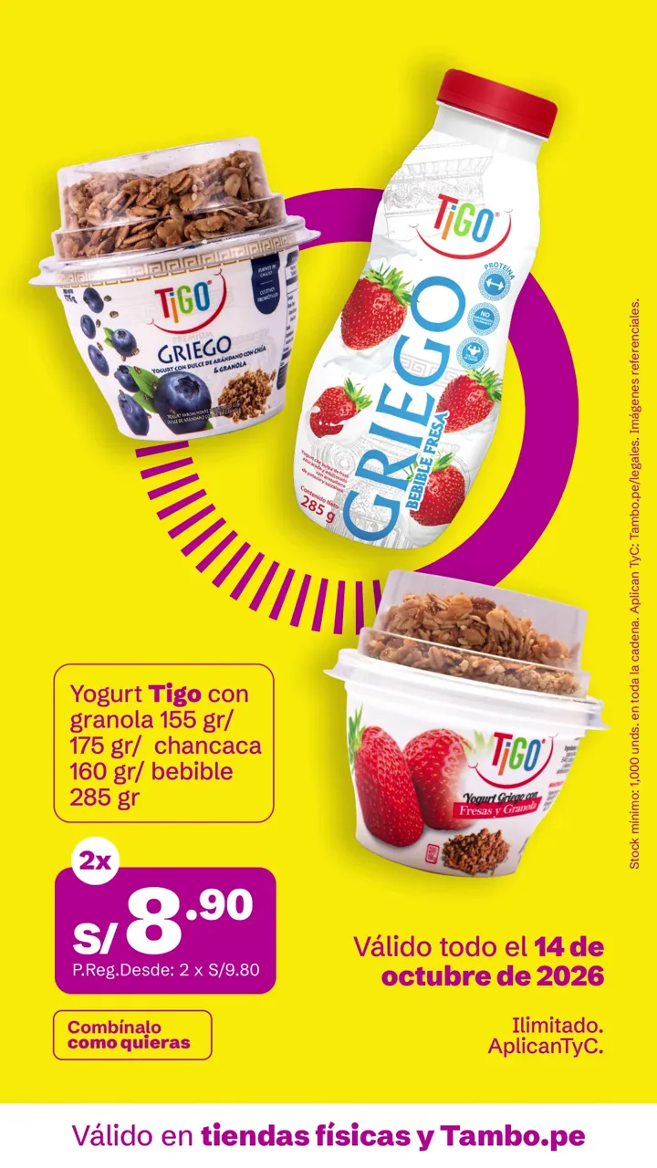 Tarjeta de Tambo: Yogurt Tigo con granola 155 g/ 175 g/ chancaca 160 g/ bebible 285 g, 2x S/ 8.90