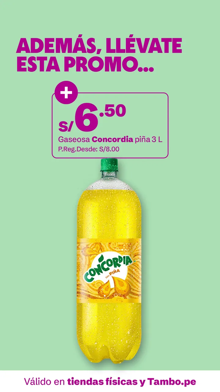 Tarjeta de Tambo: Gaseosa Concordia piña 3 L, + S/ 6.50