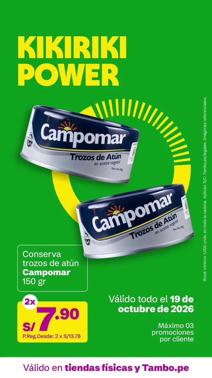 Tarjeta de Tambo: Conserva trozos de atún Campomar 150 g, 2x S/ 7.90
