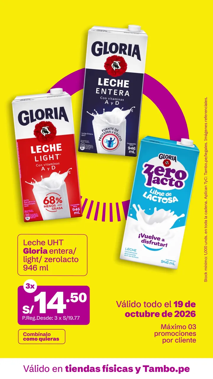 Tarjeta de Tambo: Leche UHT Gloria entera/light/zerolacto 946 ml, 3x S/ 14.50