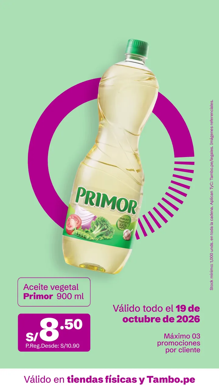 Tarjeta de Tambo: Aceite vegetal Primor 900 ml, S/ 8.50