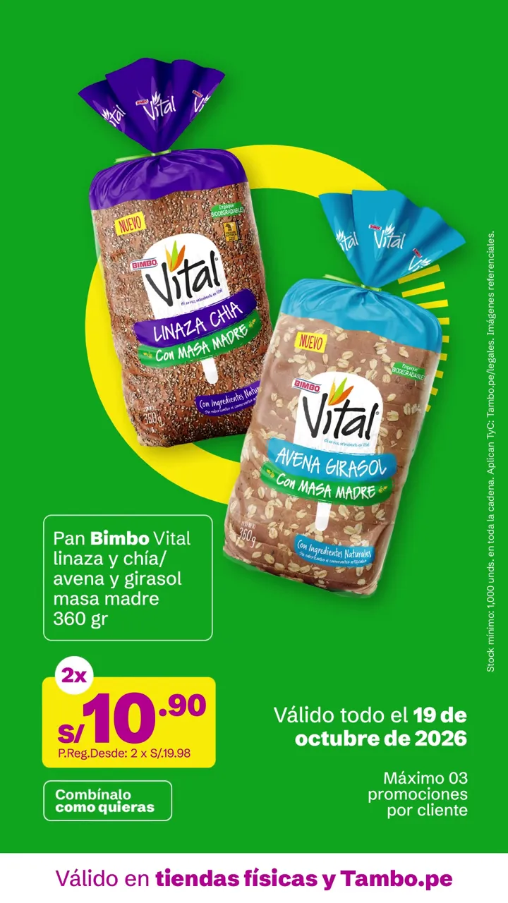 Tarjeta de Tambo: Pan Bimbo Vital linaza y chía/avena y girasol masa madre 360 g, 2x S/ 10.90
