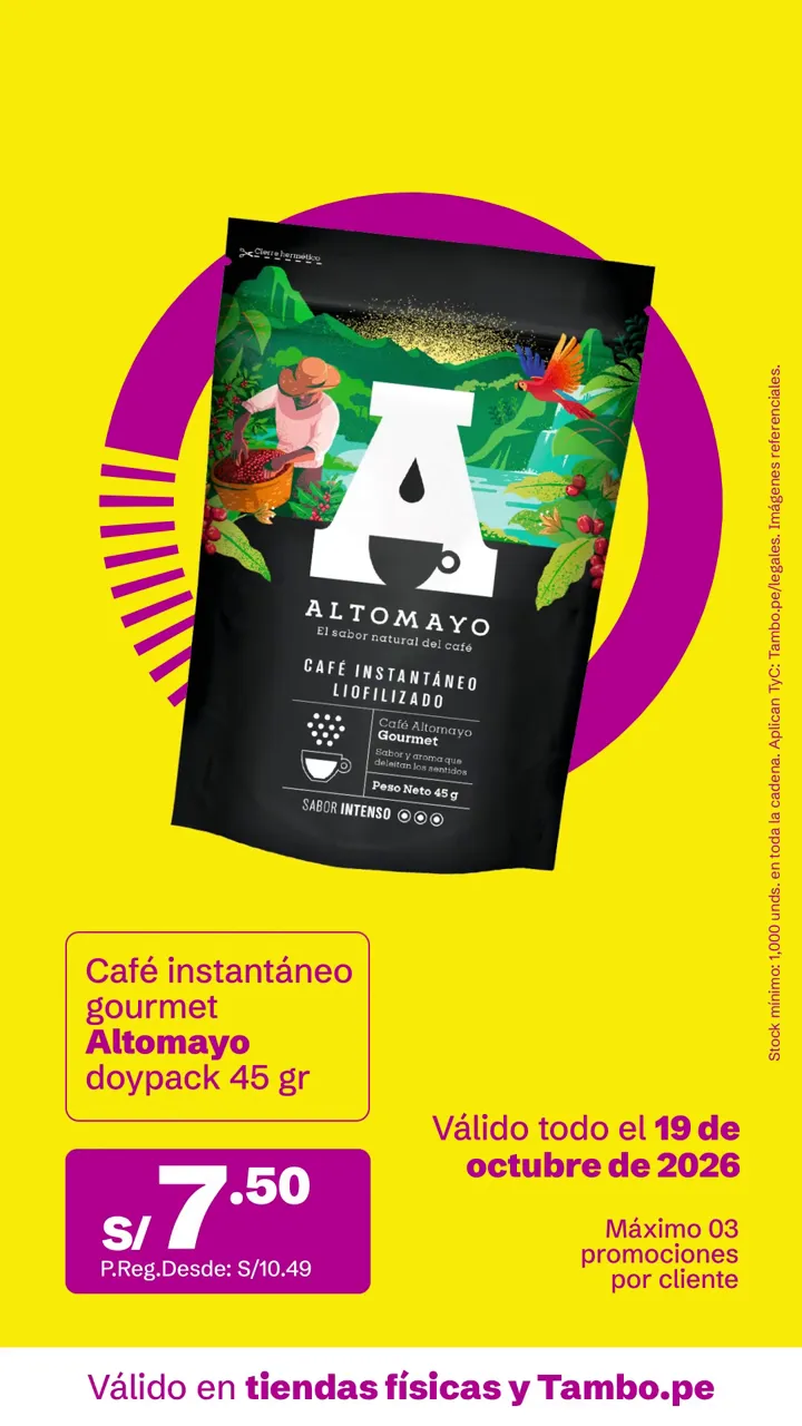 Tarjeta de Tambo: Café instantáneo gourmet Altomayo doypack 45 g, S/ 7.50