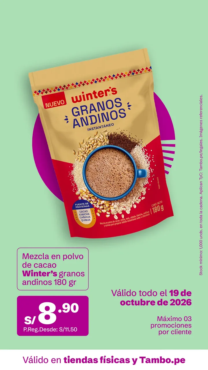 Tarjeta de Tambo: Mezcla en polvo de cacao Winter’s granos andinos 180 g, S/ 8.90