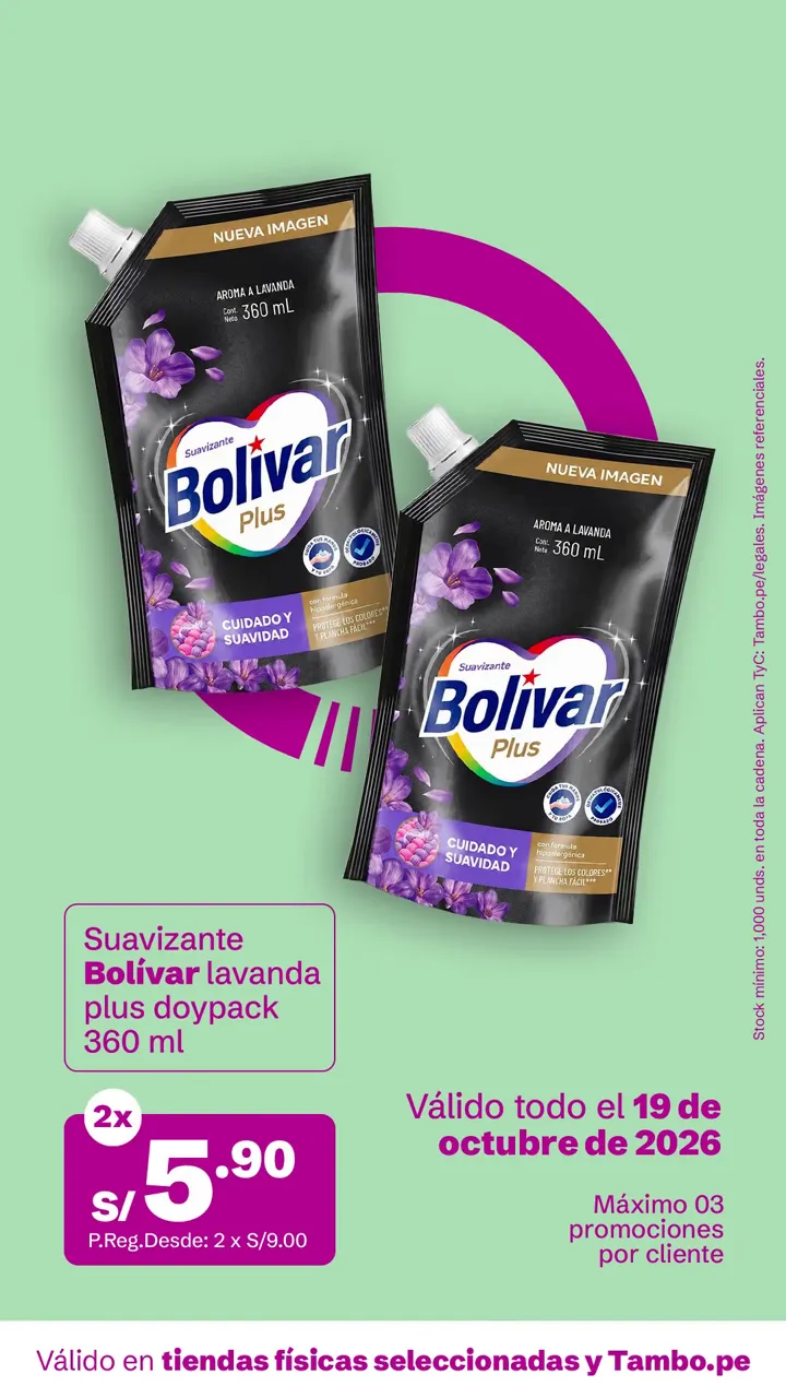 Tarjeta de Tambo: Suavizante Bolívar lavanda plus doypack 360 ml, 2x S/ 5.90
