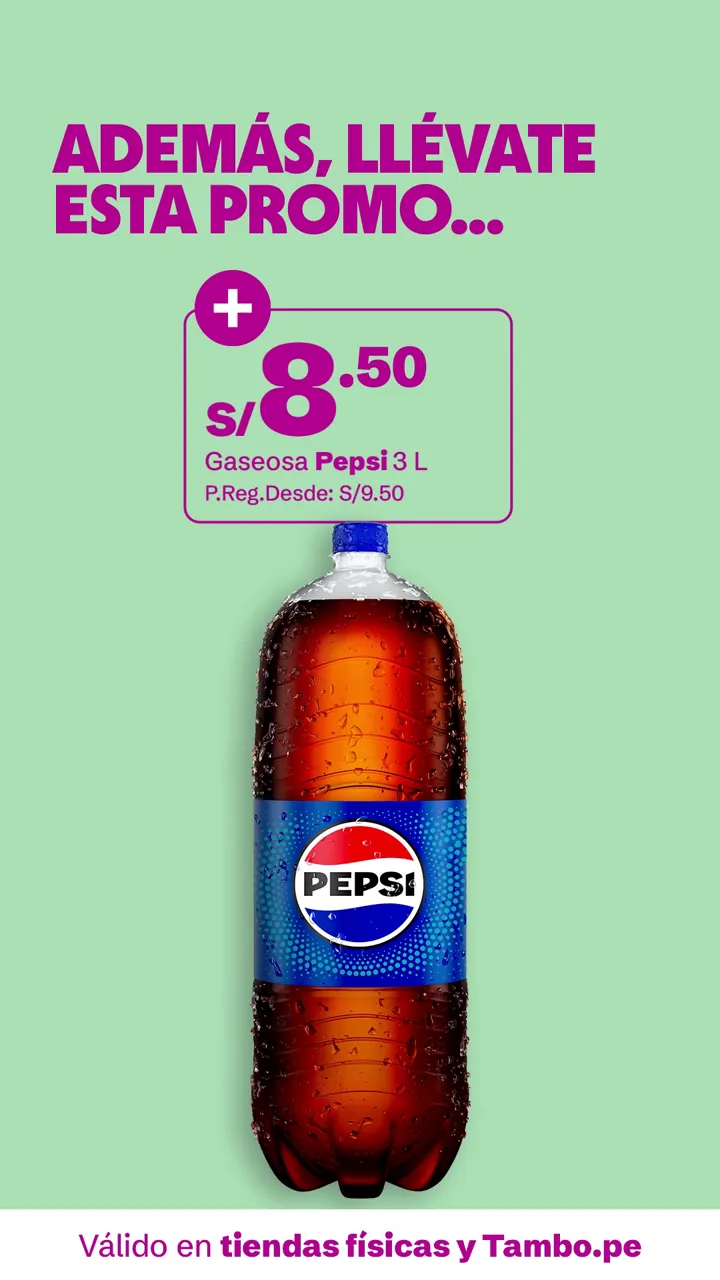 Tarjeta de Tambo: Gaseosa Pepsi 3 L, + S/ 8.50