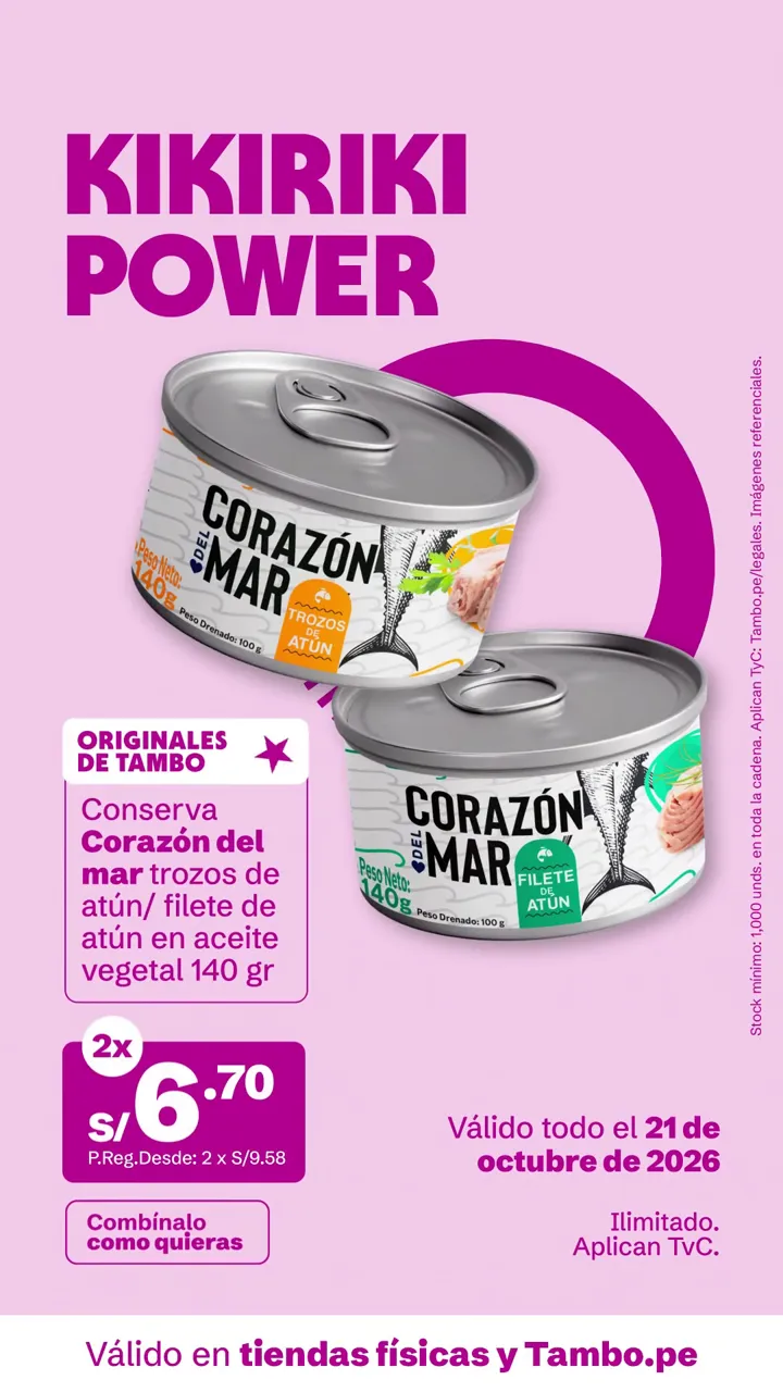 Tarjeta de Tambo: Conserva Corazón del mar trozos de atún/ filete de atún en aceite vegetal 140 g, 2x S/ 6.70