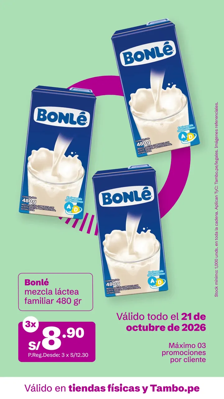 Tarjeta de Tambo: Bonlé mezcla láctea familiar 480 g, 3x S/ 8.90