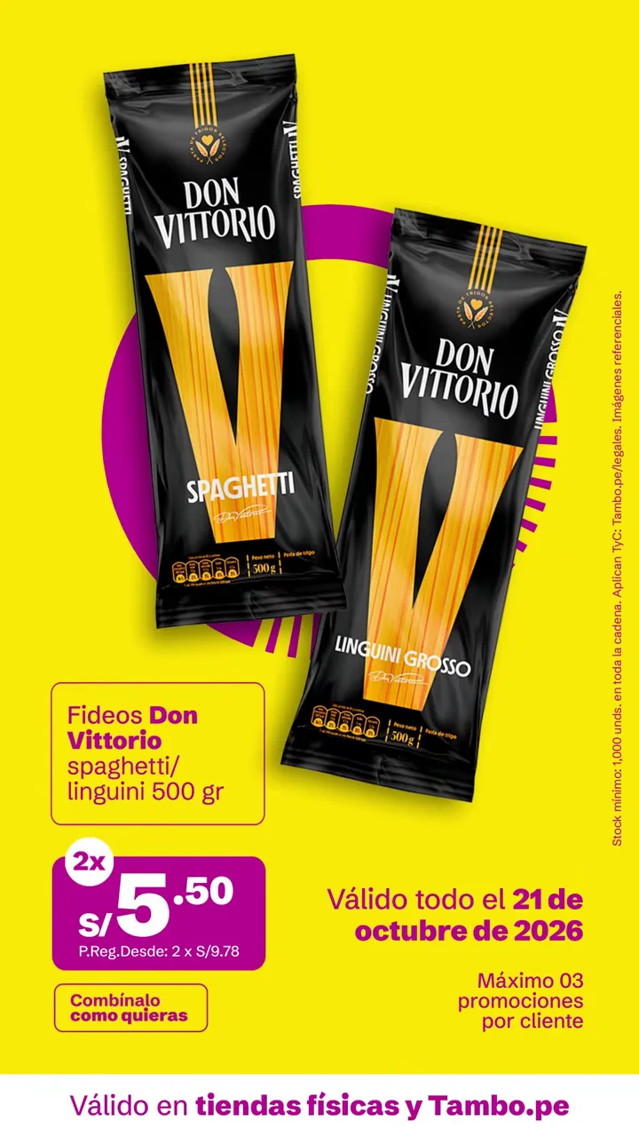 Tarjeta de Tambo: Fideos Don Vittorio spaghetti/linguini 500 g, 2x S/ 5.50