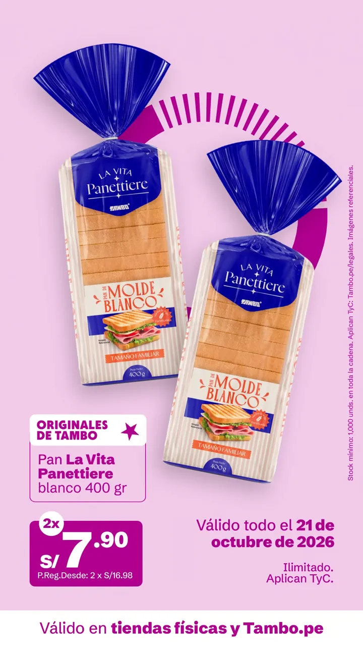 Tarjeta de Tambo: Pan La Vita Panettiere blanco 400 g, 2x S/ 7.90