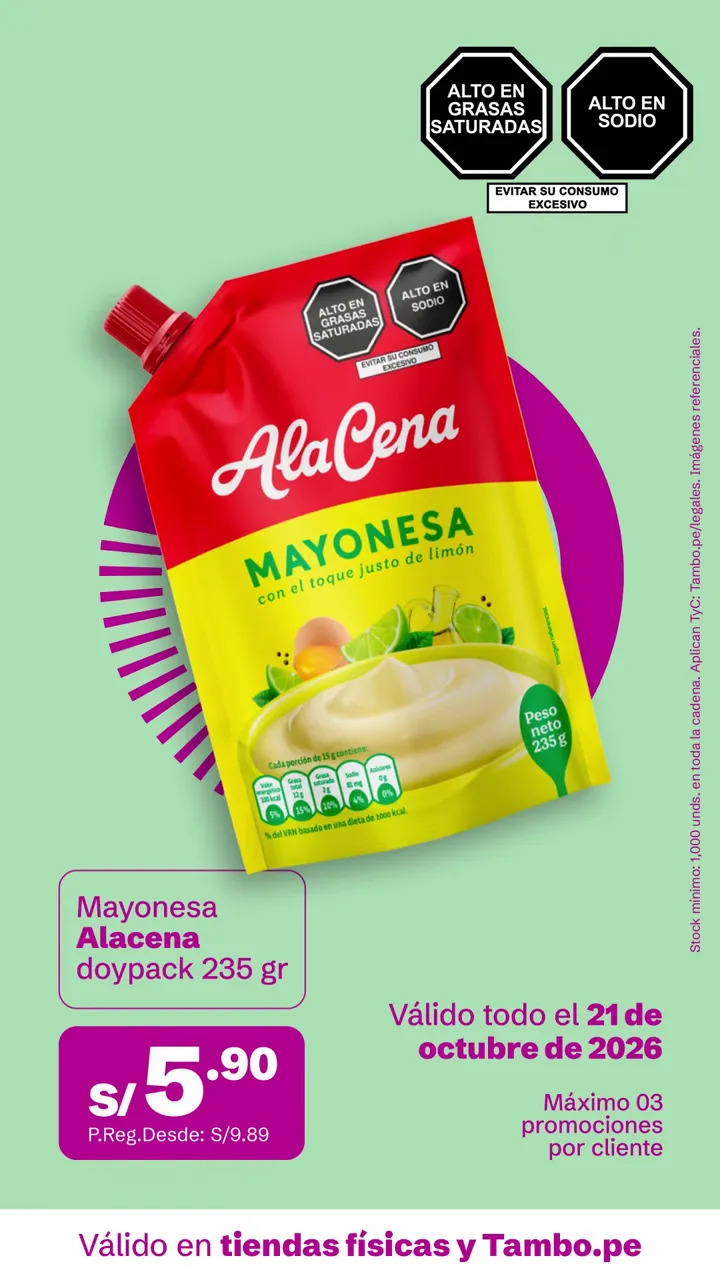 Tarjeta de Tambo: Mayonesa Alacena doypack 235 g, S/ 5.90