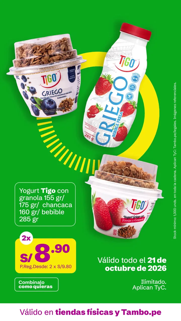 Tarjeta de Tambo: Yogurt Tigo con granola 155 g/ 175 g/ chancaca 160 g/ bebible 285 g, 2x S/ 8.90